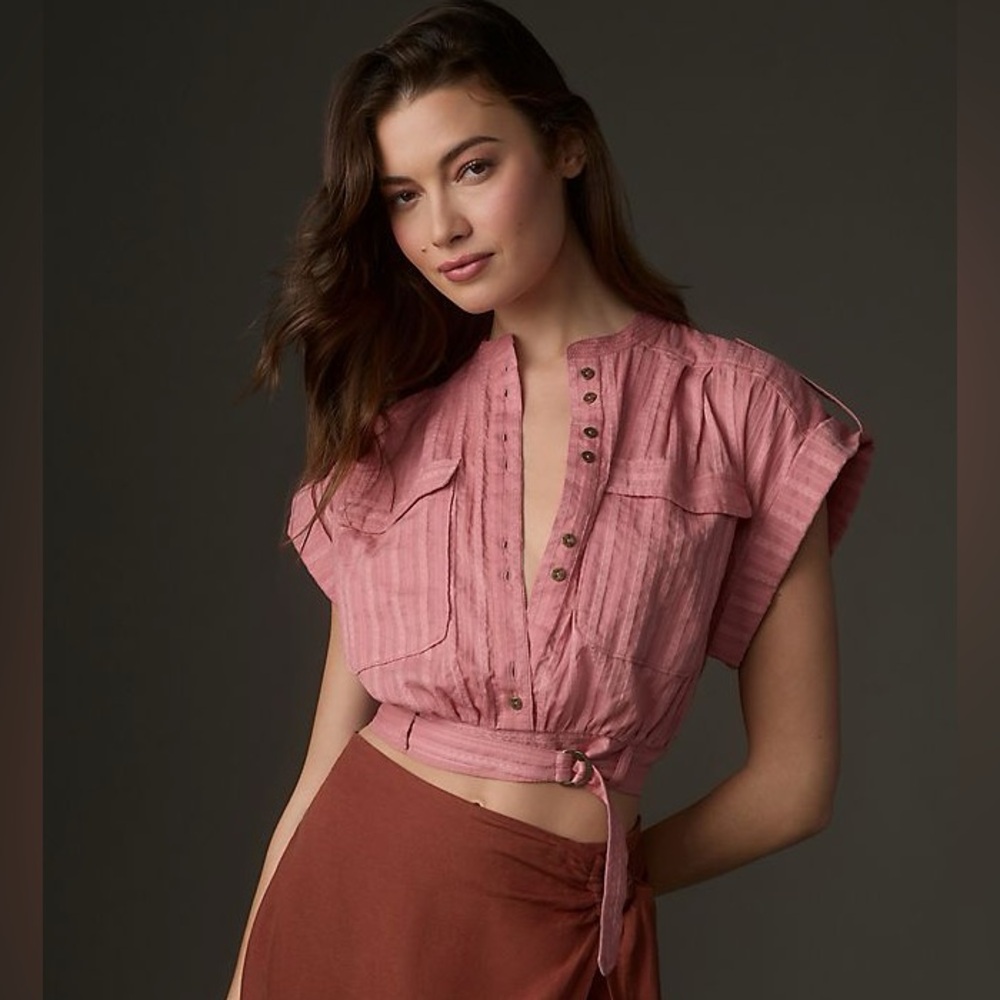 Anthropologie Short-Sleeve Cinched Safari Top